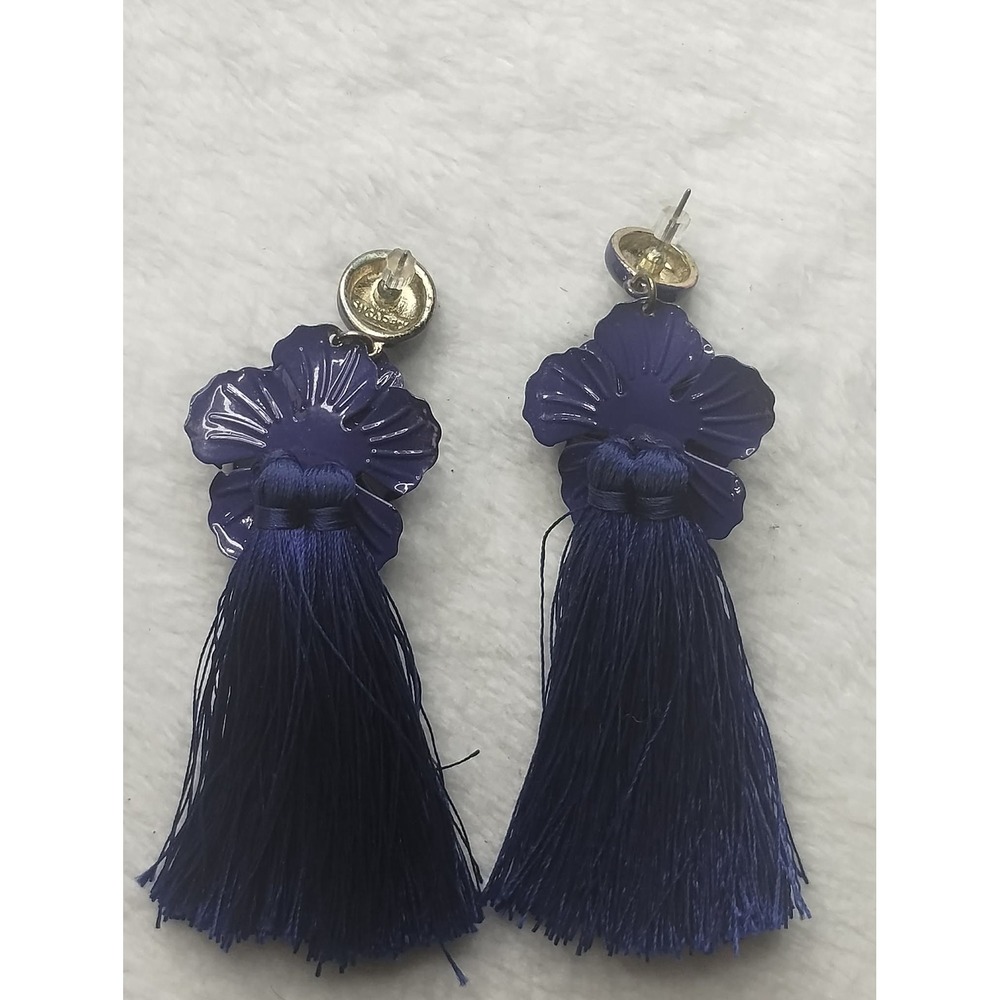 Sugarfix by BaubleBar Navy Blue Floral Tassel Drop Earrings Boho Statement Bin 2 - Picture 4 of 6